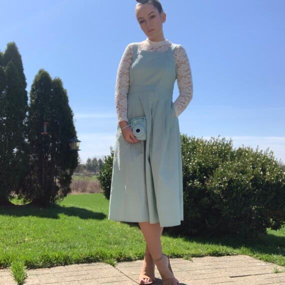 Pastel blue midi dress with square neckline, lack mock-neck long sleeve underlay