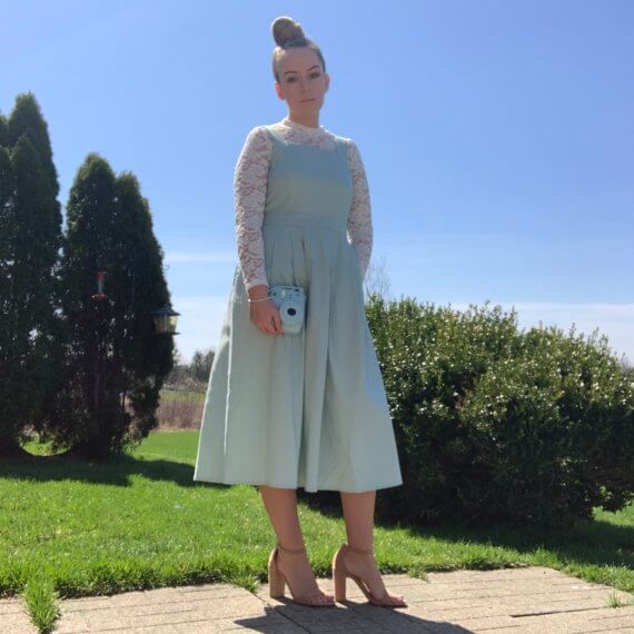 Pastel blue midi dress with square neckline, lack mock-neck long sleeve underlay