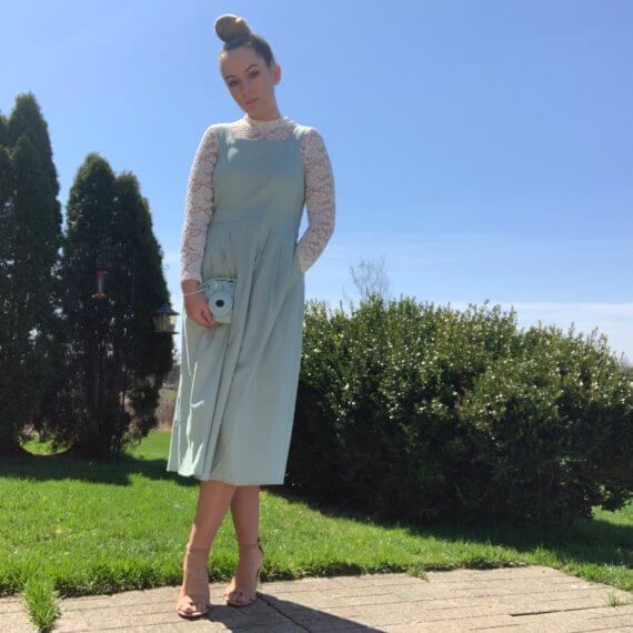 Pastel blue midi dress with square neckline, lack mock-neck long sleeve underlay