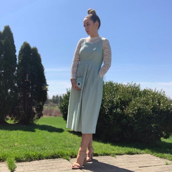 Pastel blue midi dress with square neckline, lack mock-neck long sleeve underlay