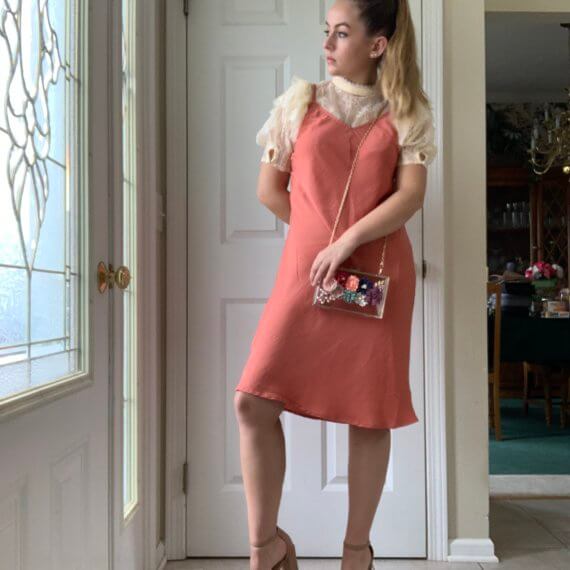 Mauve-pink slip midi dress, spagetti straps with cream lace-puffed sleeve top underneath