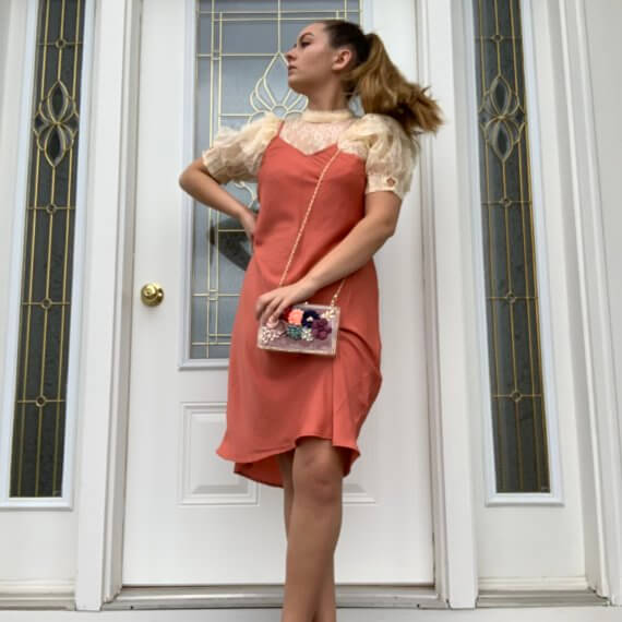 Mauve-pink slip midi dress, spagetti straps with cream lace-puffed sleeve top underneath