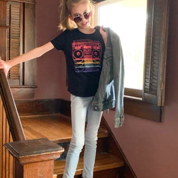 Look #10 Street Style Stylist: Chie Kai Outfit: Rainbow radio T - shirt, skinny pants, denim jacket Shoes: Personal Collection Accessories: Personal Collection Model: Lillian Weatherall Photographer: Jenny Weatherall Art by: Josh Weatherall Location: Brockport, NY