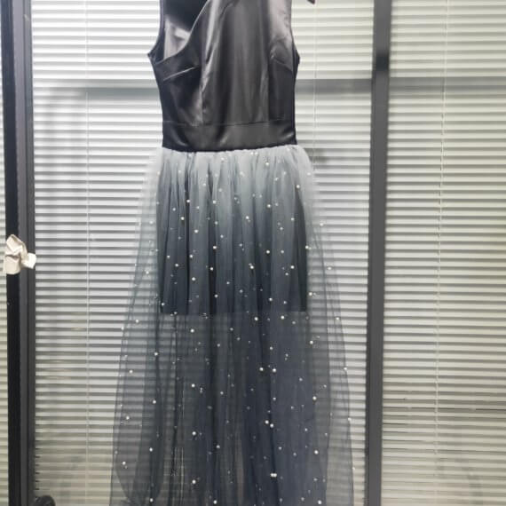 This dress is a black silk satin sleeveless mandarin collared halter shift dress with a white to black ombre silk chiffon pearl beaded long skirt.