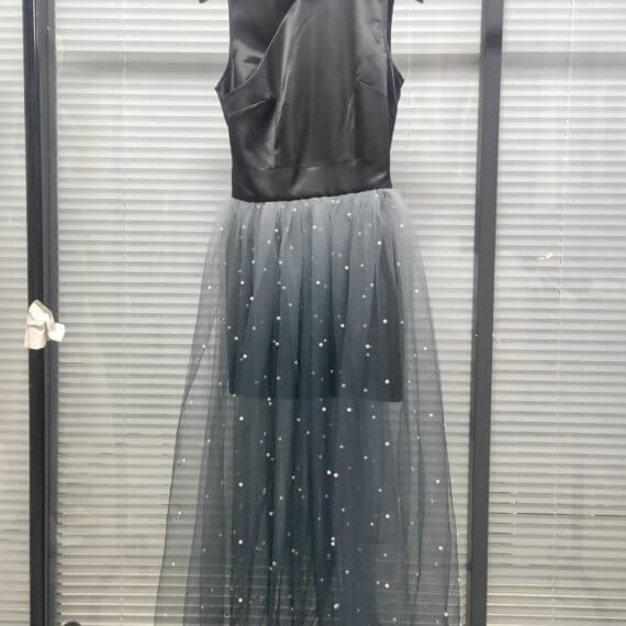 This dress is a black silk satin sleeveless mandarin collared halter shift dress with a white to black ombre silk chiffon pearl beaded long skirt.