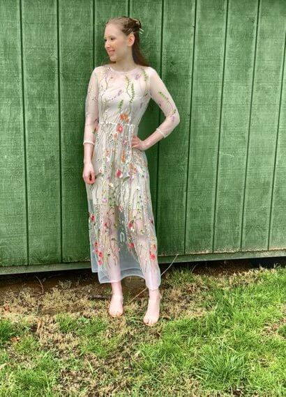 Three-quarter length sleeved midi floral mesh overlay dress with nude slip